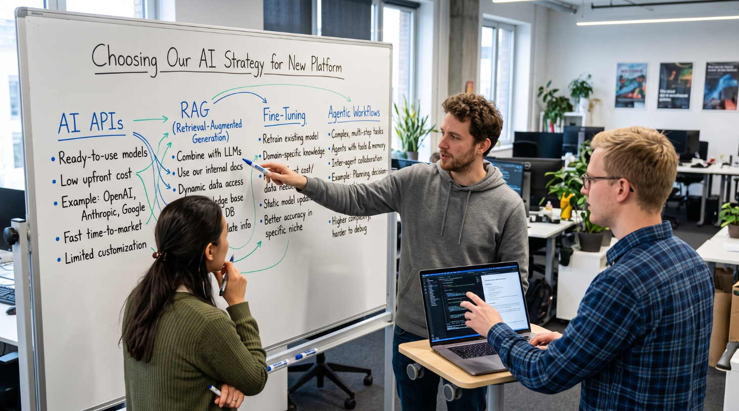 Software development team comparing AI APIs, RAG, fine-tuning, and agentic workflows for a new AI SaaS platform.